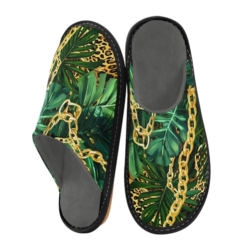 Pantuflas de casa para hombre y mujer, pantuflas cómodas para el hogar, Cadenas doradas con hojas verdes, 44/45 EU