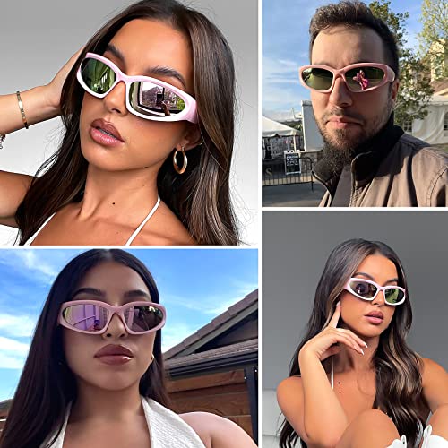 knliwkm 3 Pairs Oval Sporty Wrap Around Sunglasses Y2K Futuristic Glasses Shades for Women Men Trendy Fashion Silver4