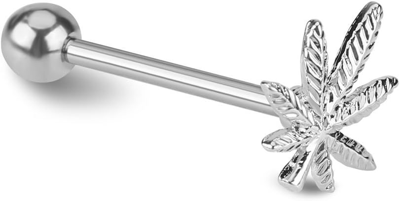 BORDSTRACT Anillos de Lengua de Acero Inoxidable 14G, Piercing de Lengua hipoalergénico con Forma de Hoja de Marihuana, Perno de Lengua para Hombres y Mujeres