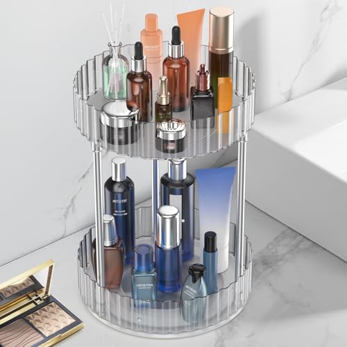 WNYT Makeup Organizer,360° Rotating Makeup Organizer, 2-Tier Round Rotating Skincare Organizer Countertop,Fits Bedroom, Bathroom, Vanity Shelf Countertop(Clear)