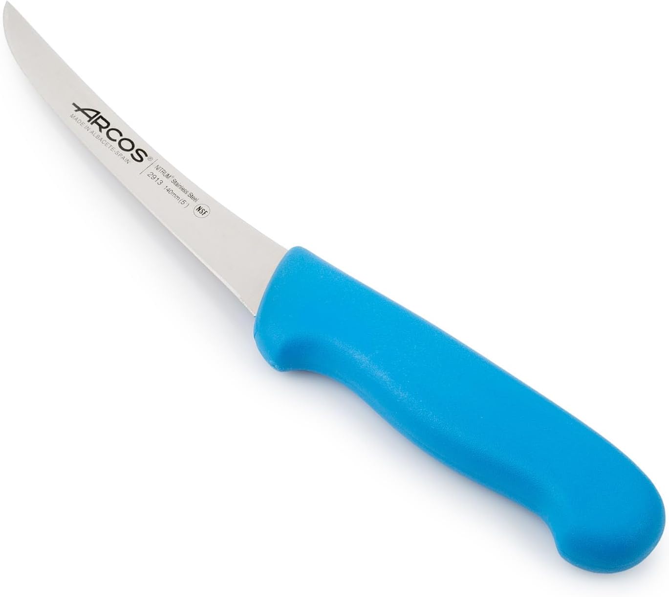 Arcos Boning Knife 5 Inch Nitrum Stainless Steel and 140 mm blade. Professional Butcher Knife to Slice Bones from Meat. Ergonomic Polypropylene Handle. Series 2900. Color Blue.
