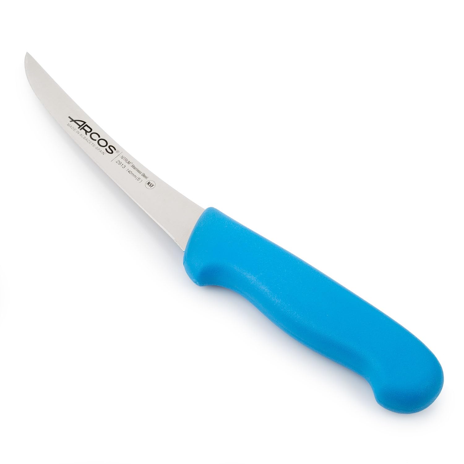 Arcos Boning Knife 5 Inch Nitrum Stainless Steel and 140 mm blade. Professional Butcher Knife to Slice Bones from Meat. Ergonomic Polypropylene Handle. Series 2900. Color Blue.