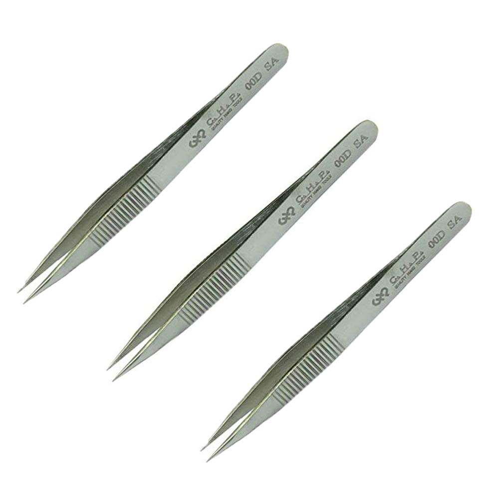 Hakko CHP 00D-SA Pinzas de punta fina, rectas, puntas de punta fina dentada, acero inoxidable no magnético, resistente a la corrosión, agarre dentado, longitud de 4-1/2 pulgadas (paquete de 3)