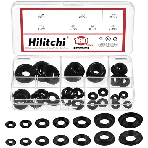 Hilitchi 160Pcs #4/#6/#8/#10/#12/#14/#16 Black Countersunk Washer Set, Stainless Steel Cup Washers, Countersunk Finishing Washers for Industrial, Woodworking, Automotive Applications(Black)