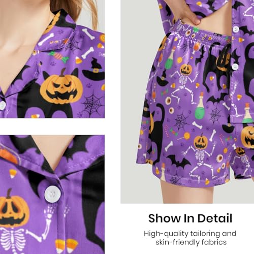 Image of Funny Pajamas for Women Set Print Satin Loungewear Pjs Short Sleeve Button Down Top and Shorts Sets Sleepwear XS-3XL