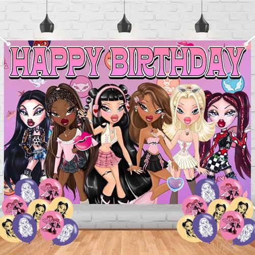 Cartoon Bratzz Happy Birthday Backdrop Bratzz Girls Banner Poster for Girls Theme Party Decorations Cartoon Birthday Supplies Background Studio Shoot Photo Props Booth