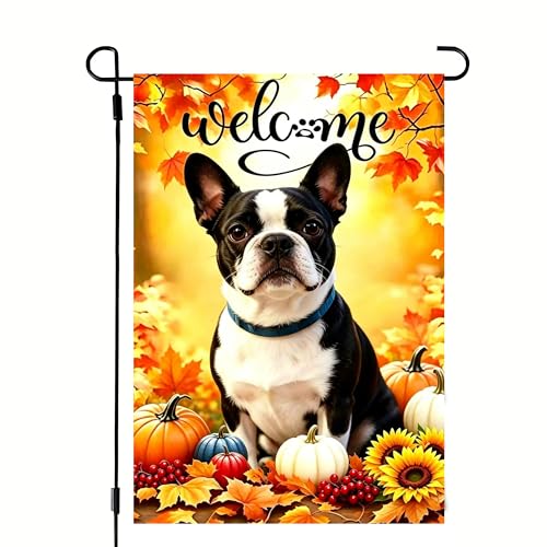 Drapeau de jardin automne Boston Terrier double face résistant aux intempéries