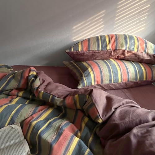 Image of MKXI Vintage Striped Duvet Cover Set Full Size- 3 Piece 100% Cotton Bedding Set Multicolor Stripes, Soft & Breathable, All-Season Comforter Cover with Zipper Closure