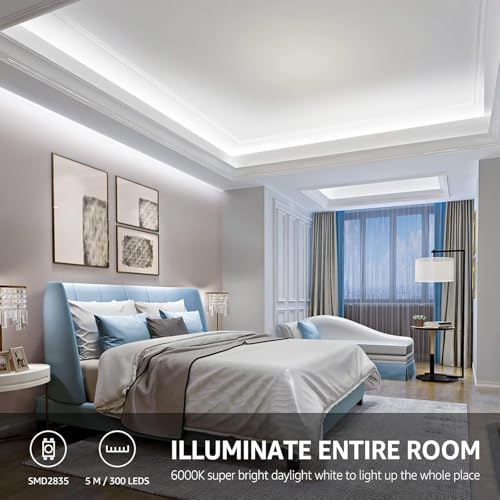 Lepro LED Strip Lights, 16.4ft 12V Dimmable Daylight White Strip LED Lights, 300 LEDs 2835 SMD Tape Light for Home, Kitchen, Bedroom, Cabinet and More, Non Waterproof, Power Adapter Included (6000K) by Lepro - Image 3