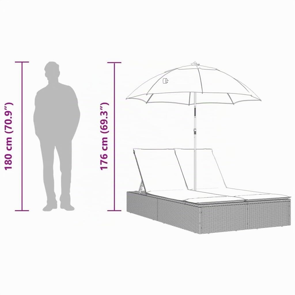 vidaXL Chaise Longue Double et Coussins et Parasol Gris résine tressée