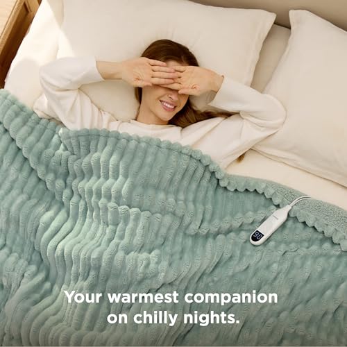 Image of Bedsure Heated Blanket Full Size - Thick Striped Fast Heating Electric Blanket with Preheat Function, 6 Heat & 6 Timer (Up to 10H), 8H Auto Off, ETL Certified, Gift for Grandma (72 inchx84 inch, Green)