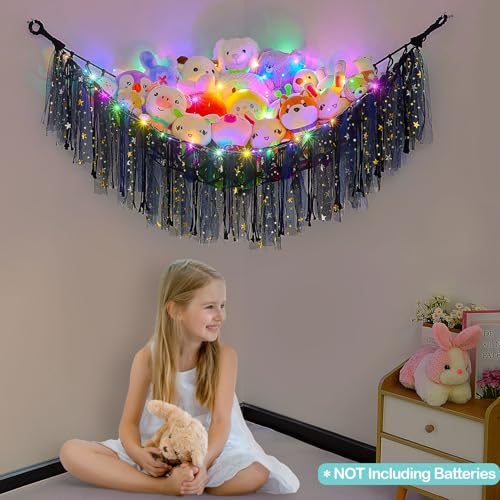 Image of FIOBEE Stuffed Animals Net LED Light Toy Hammock for Kids Bedroom Storage