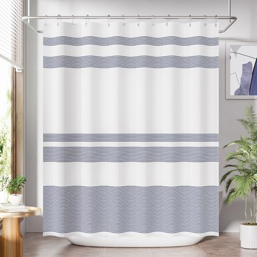 AmazerBath Striped Blue Shower Curtain, Cute Blue Stripe Bathroom Shower Curtain with 12 Shower Curtain Hooks, Rustic Fabric Blue and White, 72x72 Inches