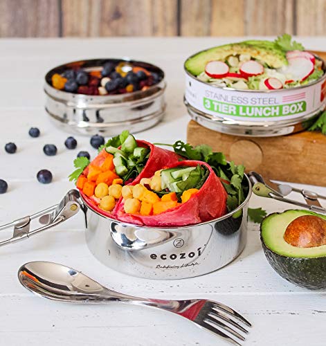 Ecozoi Leak Proof Stainless Steel Bento Box, 3-Tier Stackable Lunch Box With Bonus Spork, Spoon And Fork, Eco Friendly Tiffin Lunch Box, Plastic Free Bpa Free Lunch Container (42 Oz) #TOP2