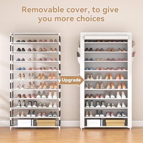 Image of ROJASOP Shoe Rack with Covers 10 Tier Large Shoe Organizer Tall Shoe Closet Storage for 50-55 Pairs Shoe and Boot, Free Standing Shoe Rack Organizer for Closet, Entryway, Bedroom, White