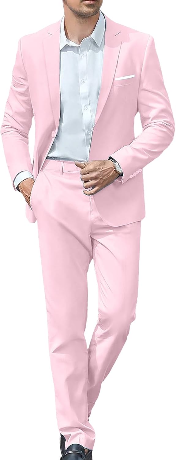 Mens Cotton Suit 2 Piece Set Slim Fit One Button Solid Dress Casual Blazer Formal Wedding Party Prom Tuxedo Jacket and Pants