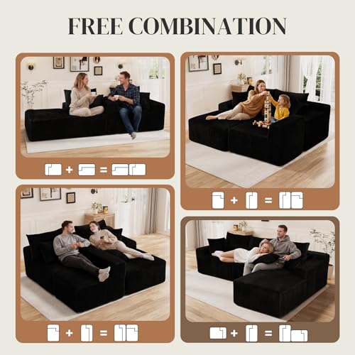 Image of 110 inch L Shaped Cloud Boneless Sectional Couches for Living Room, Modern Comfy Modular Deep Seat Memory Foam Compressed Corduroy Sofa Oversized Right Facing Chaise, No Assembly Required, Balck