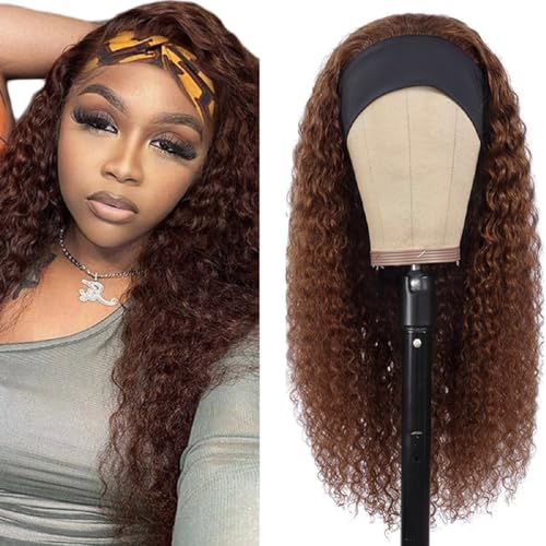 Creuost HeadBand Wig Water Wave Human Hair Wig Brazilian Virgin Hair Cheveux Humains #4 Chocolate Brown 150% densité Perruque brésilienne naturelle For Women 24 Inch