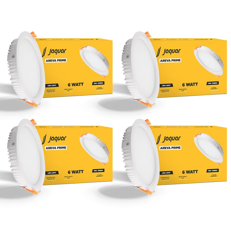Image of Jaquar 6W Areva Prime Round Downlight with Aluminum housing | 5 Year Warranty | Warm White (3000 k) Sleek Backlit Design | Recessed Mounted False Ceiling | 80 mm Cutout |90x28 mm (Pack 4)