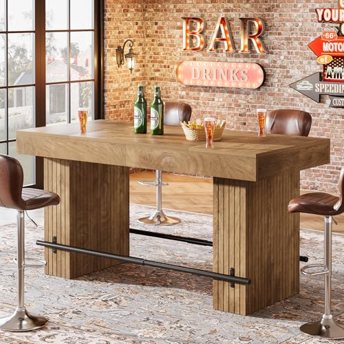 Image of Tribesigns 62.2 Inch Bar Table, Industrial Counter Height Pub Dining Table, Rectangular Home Bar Units with Metal Footrest for Home Kitchen, Dining Room, Bistro, Oak Wood
