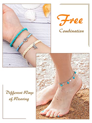 Image of Hicarer 21 PC Surfer Wave Friendship Bracelet Set Waterproof Adjustable Boho Beach String Anklets Bulk, Summer Gift for Women
