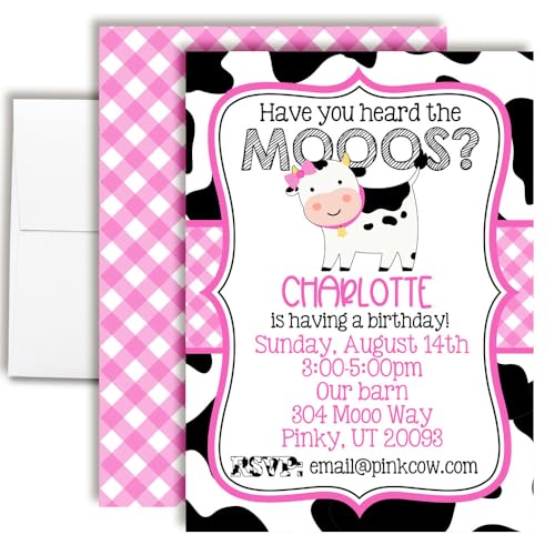 Pink Cow Birthday Invites Custom Birthday Invitations 20 5x7 Custom Pink Cow Birthday Invitation Cards With Envelopes - Unique Pink Cow Themed Birthday Invitations for Girls