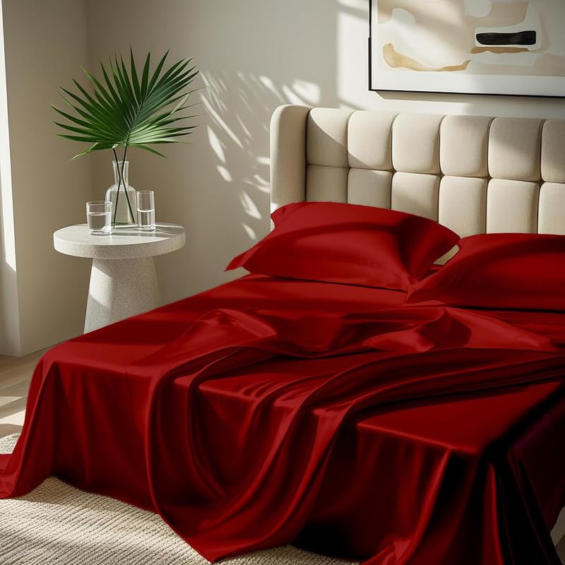 Image of Premium Satin Single Bed (60x90 Inchs) with 1 Pillow Cover Bedsheet Ultra Soft & Silky Smooth, Breathable Cooling Fabric, Luxury Glossy Finish|Crimson Burgundy