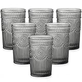 ZMOWIPDL Vintage Glassware Drinking Glasses Set of 6,13 oz Grey Textured Flower Design Glass Water Tumblers，Embossed Striped Drinkware for Water,Cocktails,Juice,Iced Coffee