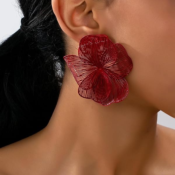 Red Flower Earrings for Women Big Statement Earrings for Women Red Large Floral Earring Chunky Flower Jewelry Unique Spring Earring Vacation Beach Summer Accessories (Burgundy) by cotwdi - Used condition - Image 2