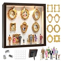DIY Mini Museum Silhouetten Box mit LED, Mini Bilderrahmen Vintage, Shadow Box Bilderrahmen Set, Foto Erinnerungsanzeige Set mit 8 Mini-Goldrahmen 8 Figuren für Jahrestag, Hochzeit(Schwarznussbraun)