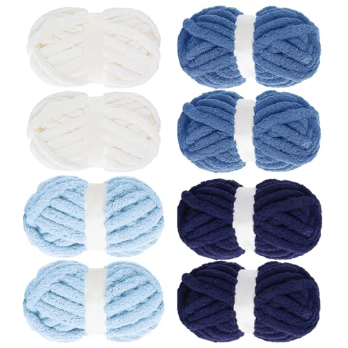 MABOZOO Assorted Chunky Yarn for Crocheting 8 Pack,Fluffy Jumbo Chenille Yarn,Soft Plush Yarn Bulky,Giant Thick Fuzzy Yarn for Hand or Arm Knitting,Cream & Multi Blue(31.7 yds,8 oz Each Skein)