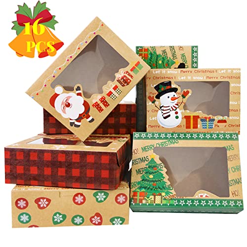 Christmas Cookie Boxes for Gift Giving 16 Pack (8.3”x6”x 2.8”), Large Christmas Treat container Cookie Boxes with Window for Holiday Bakery Pastry Candy Doughnut Packaging Christmas Boxes Tins with Lids