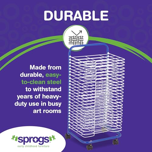 Image of Sprogs 25-Shelf Mobile Art Drying Rack for Classrooms and Art Studios, Heavy-Duty Steel Rolling Art Rack Cart with 25 Shelves, Blue /White