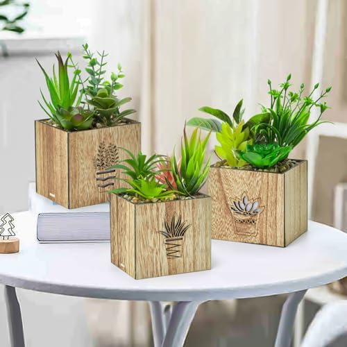 Elecoutek 3 Set Artificial Plants Indoor Fake Succulent Plants with LED Light in Wooden Box, Faux Plants in Pots, Plastic Potted Plants for Office Desk shelf Bathroom Home House