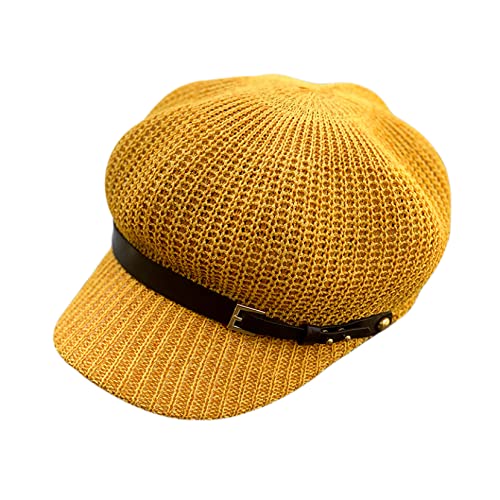 Newsboy Cap Summer Women Knit Mesh Breathable Baker Boy Painter Hat Adjustable Belt Pure Color Shade Beret Hat Blue #TOP6