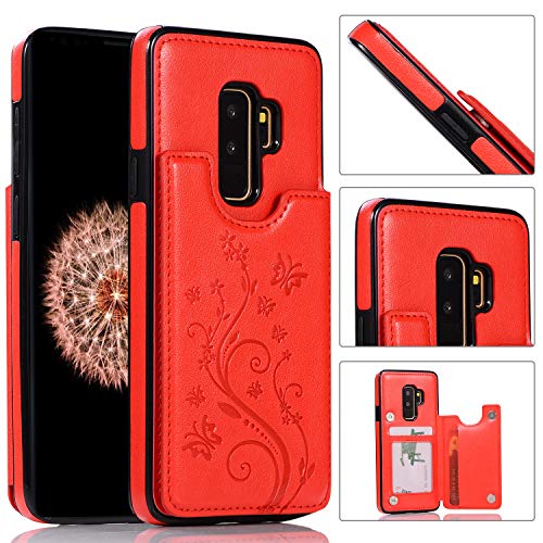 QFUN Back Wallet Case for Samsung Galaxy S9 Plus with Stand, Elegant Embossed Design [Butterfly Flower] Lightweight Slim Fit Leather Phone Case with Card Holder Protective Bumper Flip Cover - Red