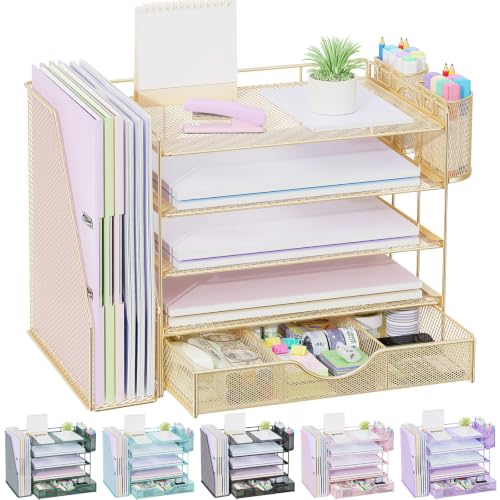 Image of gianotter 5-Tier Desk Organizer with Drawers and File Holders | Letter Trays and Pen Holders - Workspace Accessories for Office Supplies (Gold)