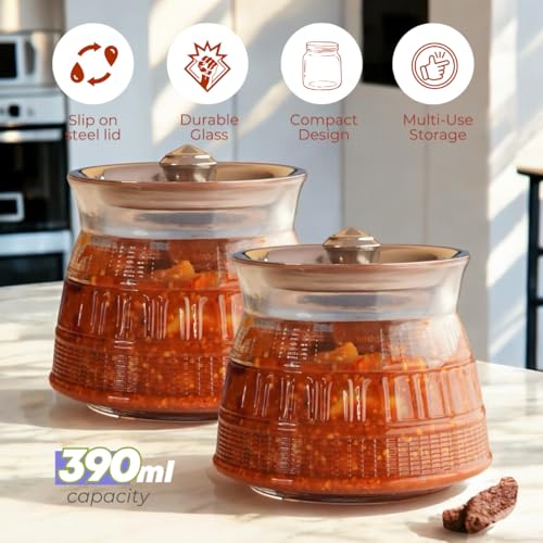 Image of Yera Clara Glass Jar with Slip-On Steel Lid | Multipurpose Storage Jar for Kitchen, Pantry & Tabletop | Ideal for Pickles, Sugar, Salt, Tea, Coffee | 390 ml Transparent Clear Glass (4)