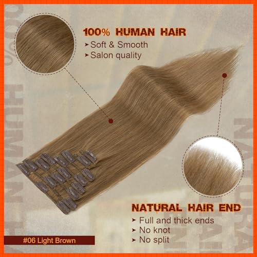 Image of Benehair Clip in Hair Extensions Real Human Hair, Brown Hair Extensions Clip in Human Hair for Women, Long Straight, Remy Natural, Full Head 8pcs 18inch #02 Dark Brown