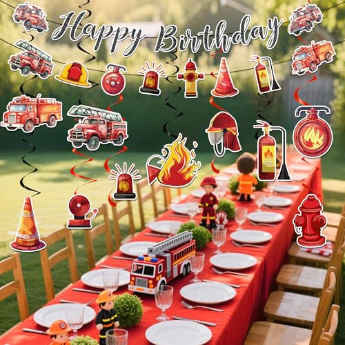 Image of Firetruck Birthday Party Decorations Include Fire Truck Happy Birthday Glitter Banner Firefighte Hanging Swirls Supplies for Fireman Birthday Theme Party Rescue Events
