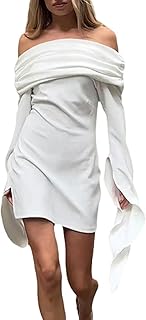 Vestido de Verano para Mujer, de un Solo Hombro, Manga Larga, con Dobladillo hacia atrás, Vestido Formal de Fiesta, Color Blanco, Talla S