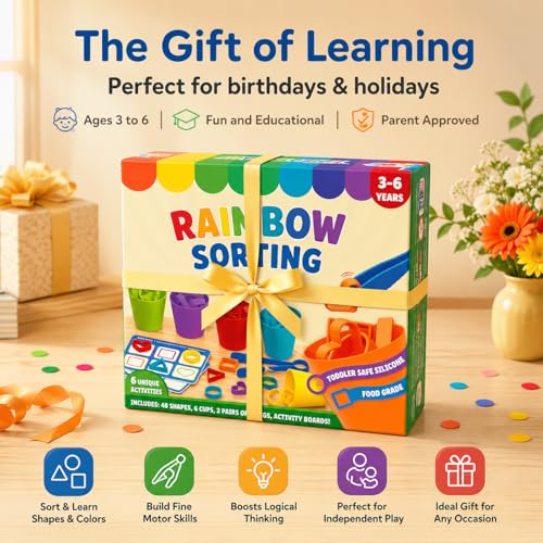 Image of Silicone Rainbow Shape Sorting Game for Kids, Montessori Learning Toy, Color & Shape Matching, Counting, Sequencing, Fine Motor Skills Activity, Preschool Gift For Kids Girls, Ages 3-6