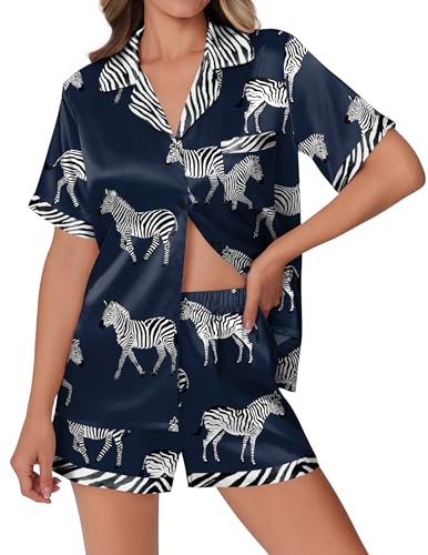 Ekouaer Womens Silk Satin Pajamas Set Animals Print Pjs Button Down Short Sleeve Lounge Set 2 Piece...