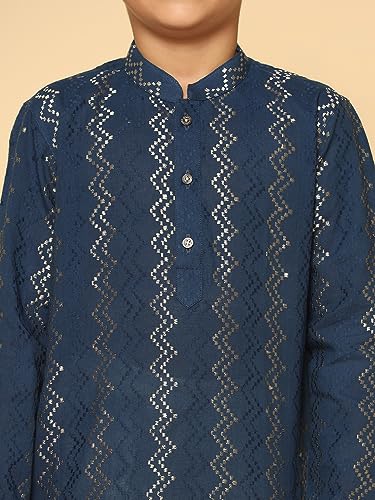 Image of KISAH Boy's Navy Blue Embroidered Cotton Kurta with Mirror Work - Full Sleeves, Knee Length, Regular Fit | Traditional Indian Festive Wear
