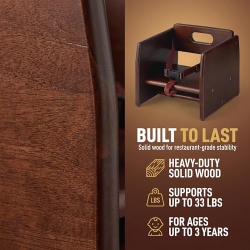 Image of Dark Brown Wooden Dining Seat Riser for Restaurant Chairs - Stackable Rubberwood Seat Platform with Chair Strap & Non-Slip Pads, Commercial Restaurant Seating Accessory