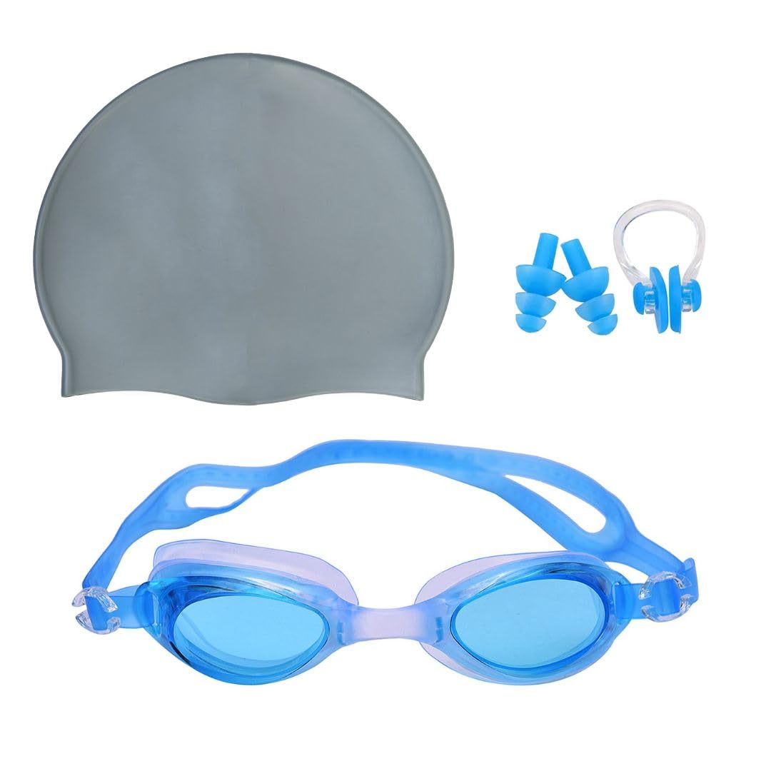 SHIFTER swimming kit combo set with wide lense swimming goggles, blue silicone swimming cap, earplug, noseplug set -free size (BLUE GOGGLE+GREY CAP) (B0CC95J4SD) Amazon Price History, Amazon Price Tracker