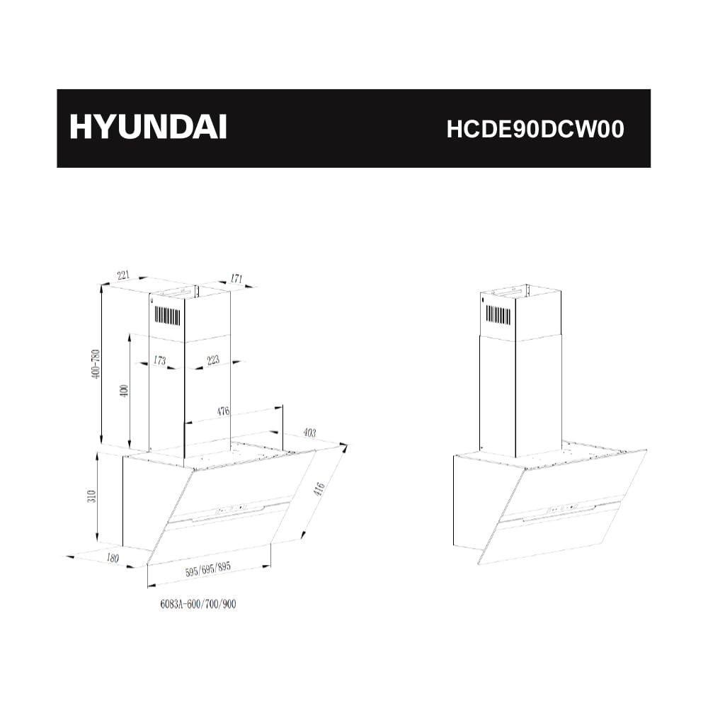 Hyundai Campana Extractora Decorativa Inclinada 90cm, Cristal blanco, HCDE90DCW00. Potencia 831m3/h, 3 Velocidades, 2 Filtros, 64 dB Nivel Sonoro, Control Táctil, Filtros aptos para Lavavajillas