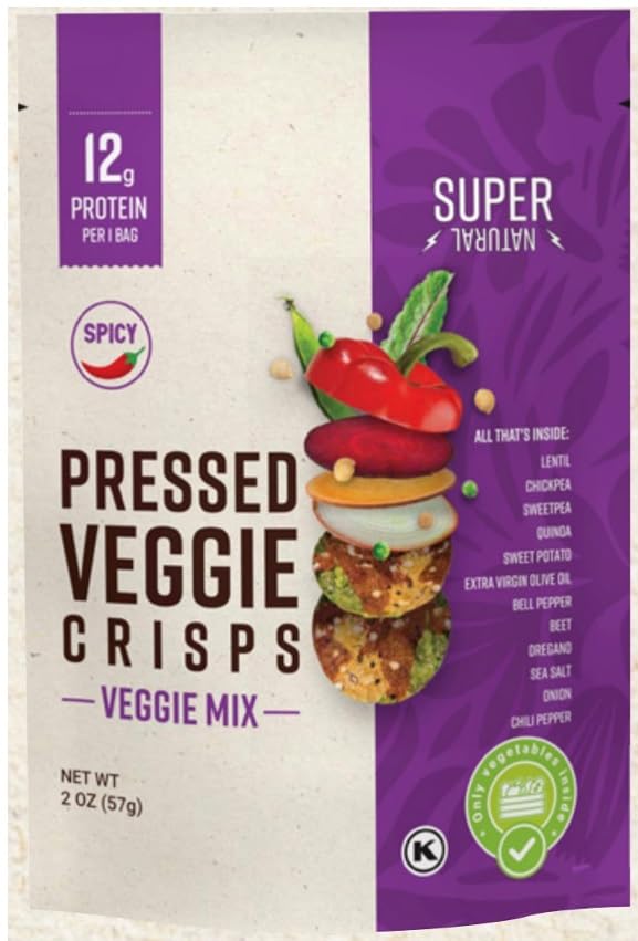Super Natural Snacks Pressed Veggie Crisps Veggie Mix 12/2oz Bags | 12g of Protein/bag | Gluten Free | Baked not Fried | Fiber and Protein | Vegan Plant Based | Kosher | Non GMO