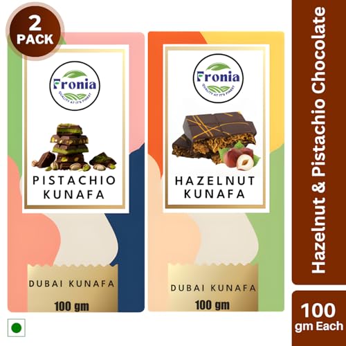 Image of Fronia Kunafa Chocolate Combo Pack Dubai Style - Pistachio & Hazelnut Kunafa Chocolate Dessert, Milk Chocolate with Creamy Pistachio & Hazelnut Filling & Crunchy Kunafa Layers | 100g Each