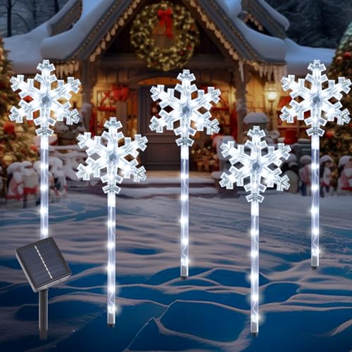 Solar Christmas Snowflake Pathway Lights, Set of 5 Outdoor Garden Lights Decorations，Waterproof Stake Decorative Light for Yard Lawn Porch Walkway Decor (Cool White, 5 Pack)
